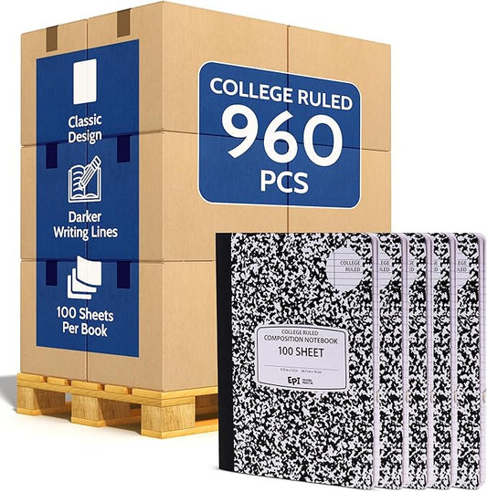 960 Pack (Pallet) EPI College Ruled Composition Notebook Bulk, 200 pages (100 Sheets), 9-3/4 x 7-1/2, Black Marble, Bulk School Supplies, Heavy Duty, Durable Office Notebooks, Sturdy Sewn Binding