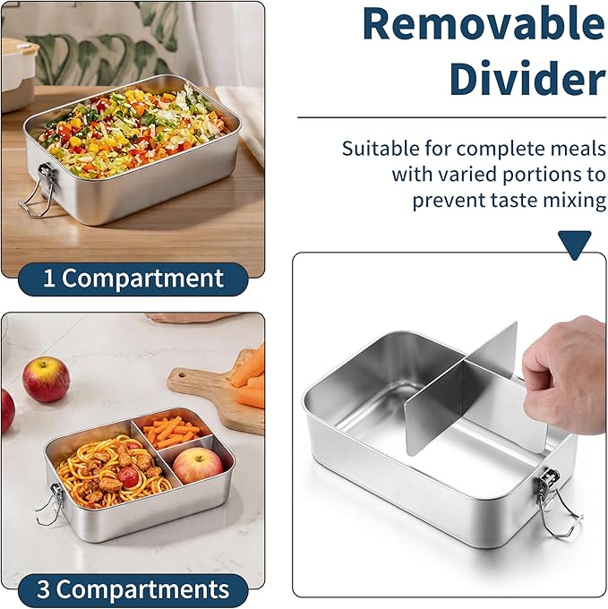 TeamFar Stainless Steel Bento Box, 81oz/2400ML Metal Lunch Box with Leak-Proof Lid for Adults/Kids, Lunch Food Containers with 3 Compartments for School/Work/Meal Prep, Heavy Duty & Dishwasher Safe