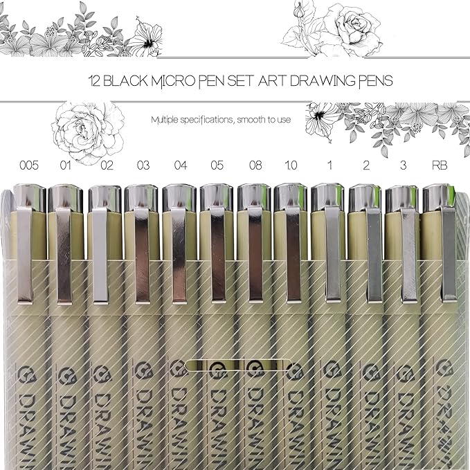 12Pcs Black Micro Pen Set, Micro Fineliner Drawing Art Pens, Fineliner Ink Set, Micro Pens for Artist Illustration, Sketch Outline, Technical Drawing