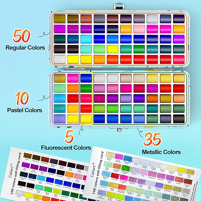 Caliart Watercolor Paint Set, 100 Colors Portable Water Color Palette Kit with Detail Paint Brush, Art Supplies Watercolor Painting Kit Coloring Gifts for Adults Beginners Professional Artists