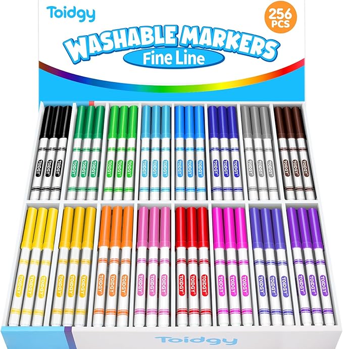 Toidgy 256 PCS Washable Markers for Kids, Colored Markers Bulk for School, Thin Marker Set in 16 Assorting Colors, Fine Line Marker with Conical Tip, Back to School Supplies, Classroom Must Haves