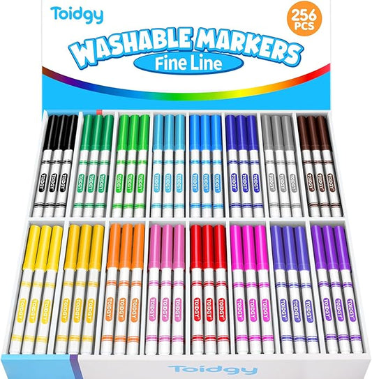 Toidgy 256 PCS Washable Markers for Kids, Colored Markers Bulk for School, Thin Marker Set in 16 Assorting Colors, Fine Line Marker with Conical Tip, Back to School Supplies, Classroom Must Haves