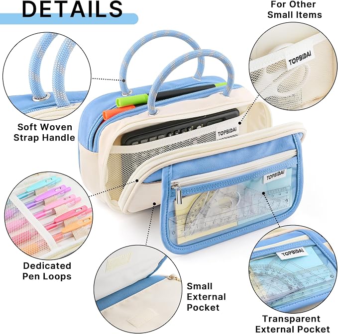 TOPBIDAI Large Pencil Case Pouch School Supplies for Girls Boy Women Men | Big Pencil Bag with 5 Compartments, Easy Grip Handle, Office College School Pencil Box