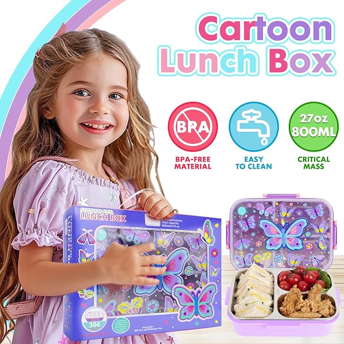 Stainless Steel Bento Lunch Box for Kids, 800ml/27oz BPA-Free Leak-Proof Food Containers with 3 Compartments, Freezer & Dishwasher Safe, Back to School Students Lunches Size for Ages 3-7