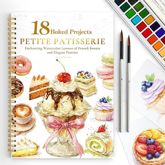 Watercolor Workbook for Beginners,18 Petite Patisserie Baking Water Coloring Book,Relaxing & Easy to Paint Water Coloring Book with 24 Colors-Perfect for Gifting to Creativity & Joy for Adults
