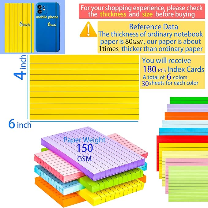 180Pcs Colored Index Cards 4x6 Inch Flash Cards with Lines Note Card Flashcards, Colorful Ruled Card Pad Index Note Books 4 x 6 Notecards for Studying School Supply College Office