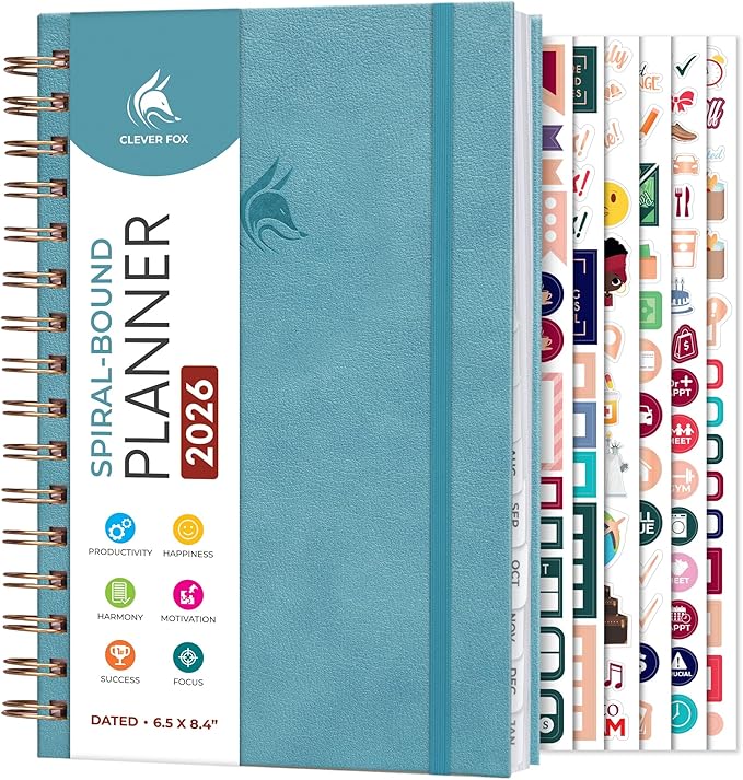 Clever Fox Dated Planner with Tabs 2026 – Weekly & Monthly Spiral Planner with Habit Tracker for Goal Setting & Time Management (Aquamarine)