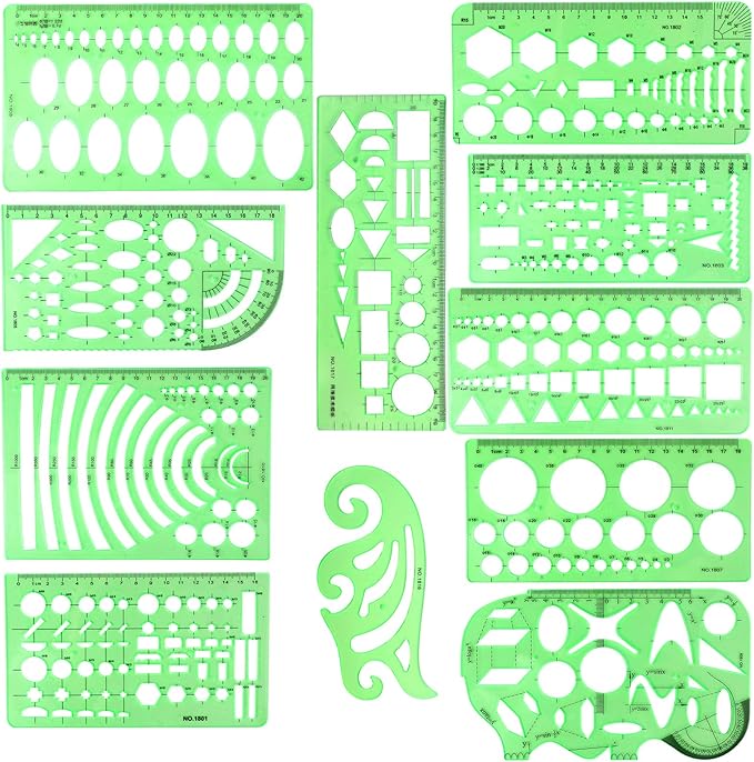 11PCS Geometric Drawings Templates, Drafting Stencils Measuring Tools, BetyBedy Plastic Clear Green Ruler Shapes with a Zipper Bags for Architecture, Office, Studying, Designing and Building