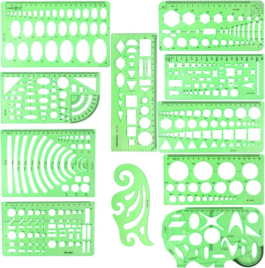 11PCS Geometric Drawings Templates, Drafting Stencils Measuring Tools, BetyBedy Plastic Clear Green Ruler Shapes with a Zipper Bags for Architecture, Office, Studying, Designing and Building