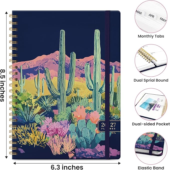 Planner 2026-2027, Monthly and Weekly Academic Planner July 2026 - June 2027, Hardcover Student Teacher Planning Agenda Calendar Book with Tabs, Perfect for Office School Supplies, A5 (6.3" x 8.5") - Cactus Mirage
