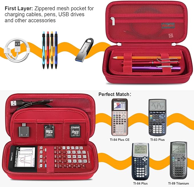Elonbo Carrying Case for Texas Instruments TI-84 Evo/TI-84 Plus CE Evo Graphing Calculator, Extra Mesh Pocket Fits Charging Cable Charger Manual, Red