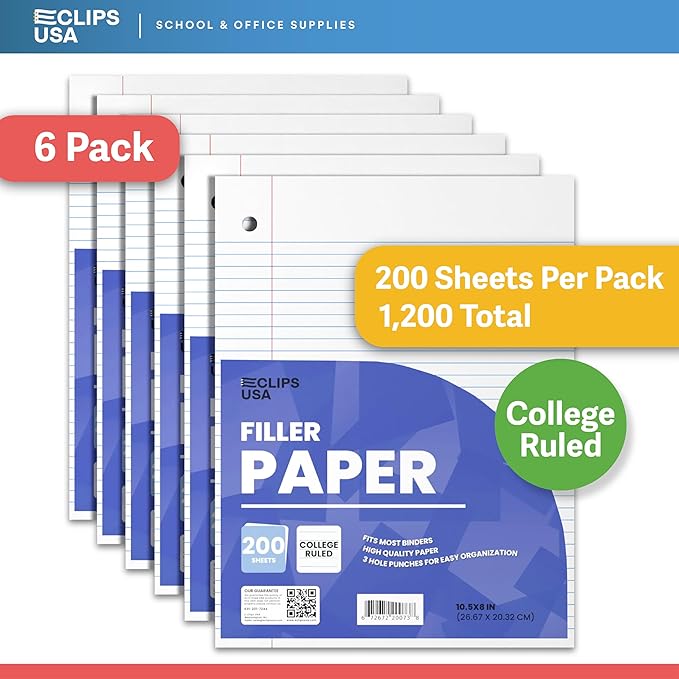 Loose Leaf Paper College Ruled Notebook Paper College Ruled Lined Paper Writing Paper Filler 10.5” x 8” 600 Sheets 200 Sheets Per Pack 60 gsm (3 Pack)