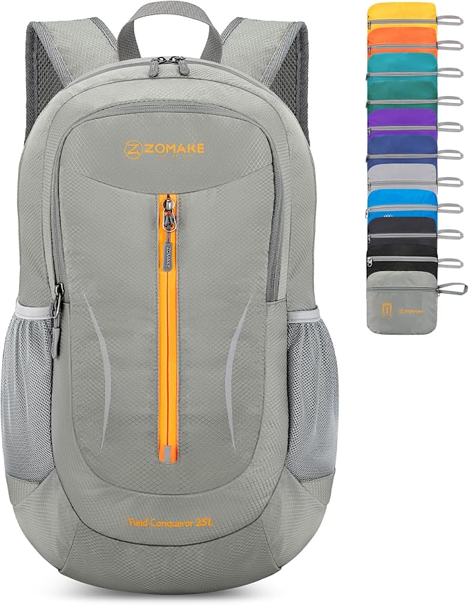 ZOMAKE Lightweight Packable Backpack 25L, Foldable Hiking Daypack | Water Resistant Small Folding Backpacks for Travel, Everyday Carry, Multi-Pocket Layout, Breathable Shoulder Strap