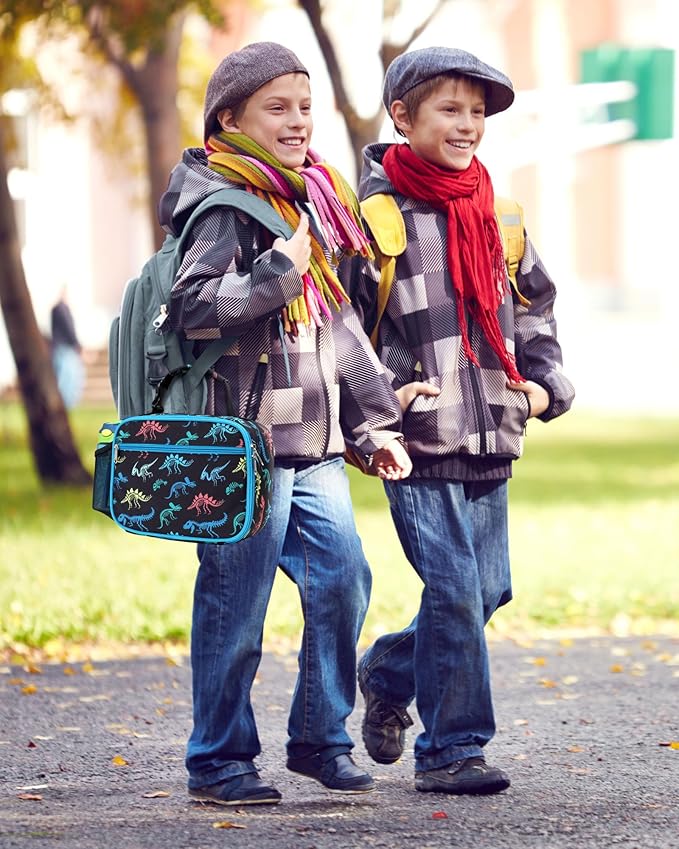 Bagseri Kids Lunch Bag Boys - Thermal Insulated Lunch Box Tote with Water Bottle Holder, Reusable Leak-Proof Kids Lunch Box for Daycare & School, Black Dinosaur Fossil (Containers Not Included)