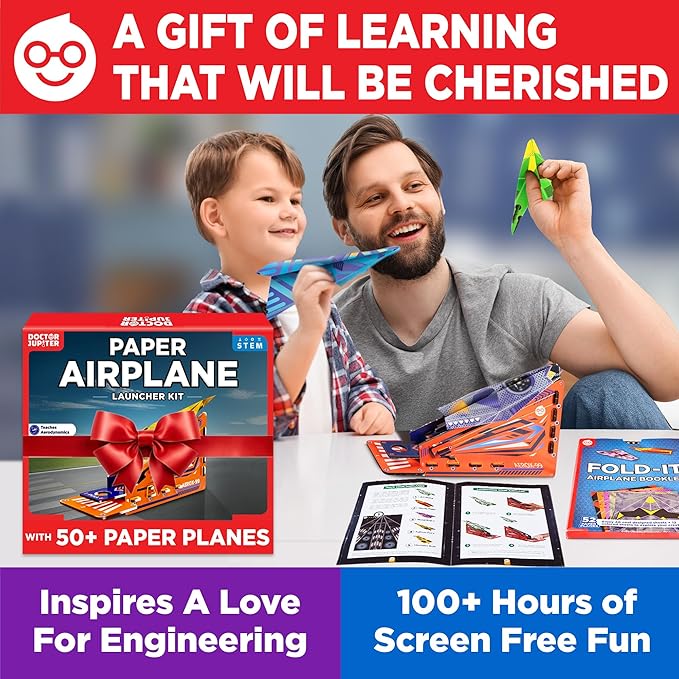 Doctor Jupiter Paper Airplane Book Kit with Launcher for Kids Ages 6+ | STEM Toys, Birthday Gift Ideas for 6,7,8,9,10,11,12 Year Old Boys | DIY Craft Activities, 50+ Paper Airplanes