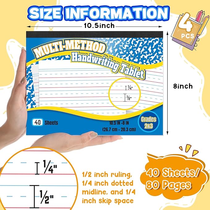 Henoyso 160 Sheets 8 x 10.5 Inch Handwriting Paper Kindergarten Writing Paper Primary Writing Tablet for Kids, Back to School Supplies Bulk Practice Double-sided Printing, Grades 2&3