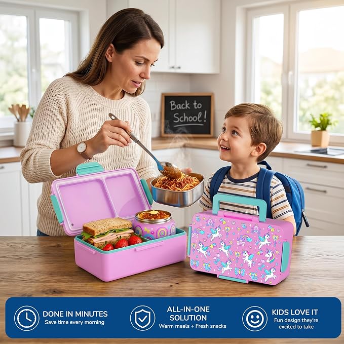 Bento Lunch Box for Kids–3 Compartment Leak Proof Insulated Lunch Container | Unicorn Design Lunch Box-With 12oz Stainless Steel Food Soup Jar & Built-in Ice Pack Bento Box for Boys Girls School Travel