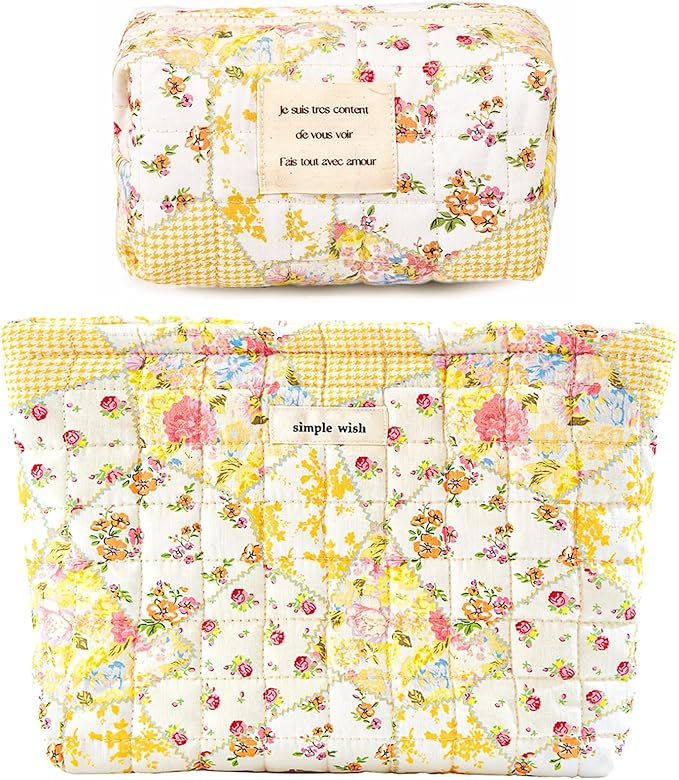 Sminra 2 Pieces Floral Makeup Bag, Cute Travel Quilted Pouch Cosmetic Bag Organizer, Small Cotton Coquette Aesthetic Purse Toiletry Bag for Women Girls accessories (Beige Flower-2PCS)
