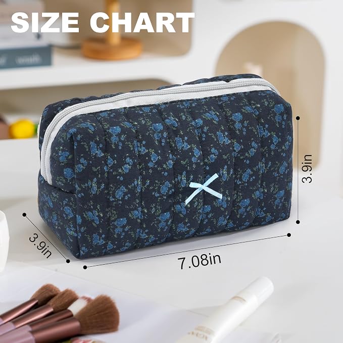 Makeup Bag Travel Toiletry Bag for Women, Small Cosmetic Bags Aesthetic Organizer Quilted Cotton Makeup Pouch&Purse Emergency Bag Floral Pencil Case Accessory Bag, Midnight Blue