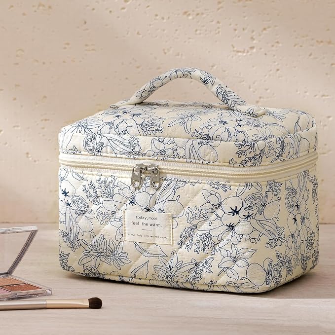 HBselect Quilted Makeup Bag, 3Pcs Cotton Large Travel Makeup Bags Organizer | Cute Floral Make up Bag Cosmetic Bag Toiletry Bag for Women Girls, Makeup Pouch for Skincare, Brushes & Travel Essentials