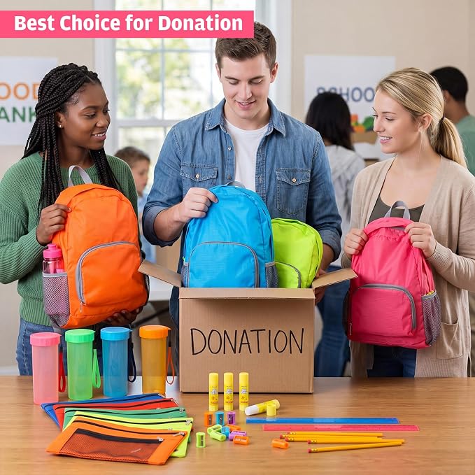 168 Pcs/24 Sets School Supplies Kit Bulk Back to School Essentials Schools Backpack Donation Water Bottle Pencil Pouch HB Pencil Plastic Rulers Sharpener Glue Stick Christmas Donation Set