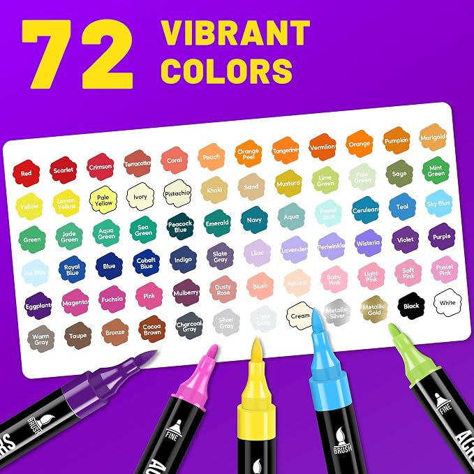 Pagather Acrylic Paint Markers, 72 Colors Dual Tip Fine & Brush Pens Set