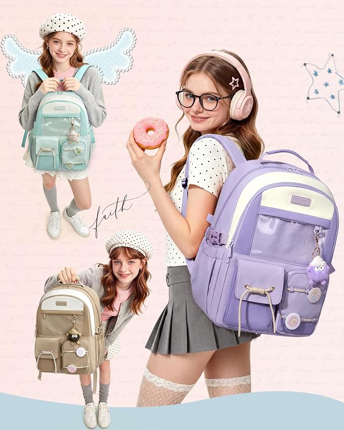 LOVEVOOK School Backpack for Girls Ages 8-16，Cute Student Bookbag for Teen Girls Kids Back to School with Cup Holder, DIY Ita Bag Fit 15.6 Inch Laptop for Elementary & Middle School