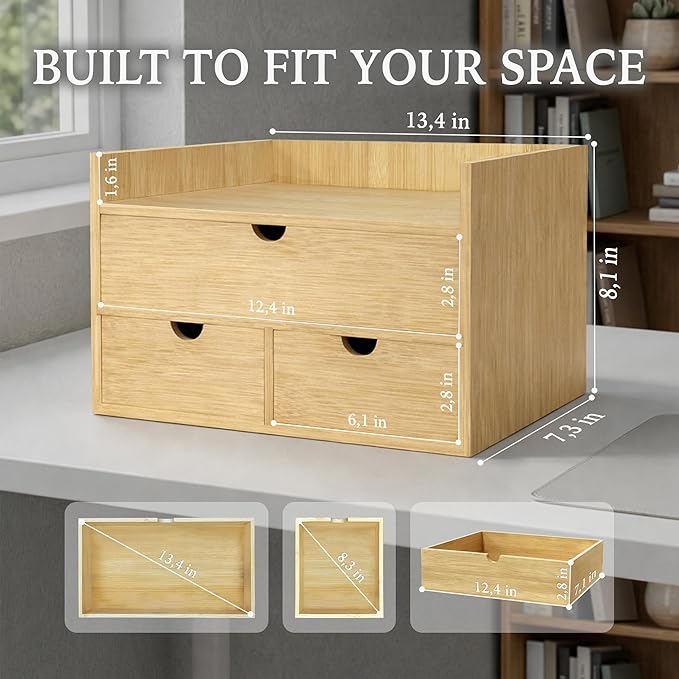 Bamboo Desk Organizer with 3 Drawers and Shelf, Desktop Drawers Wooden Storage Box 13.4 x 7.3 x 8.1 Inches Countertop Organizer for Office Supplies, Solid Wood Drawer No Assembly Required