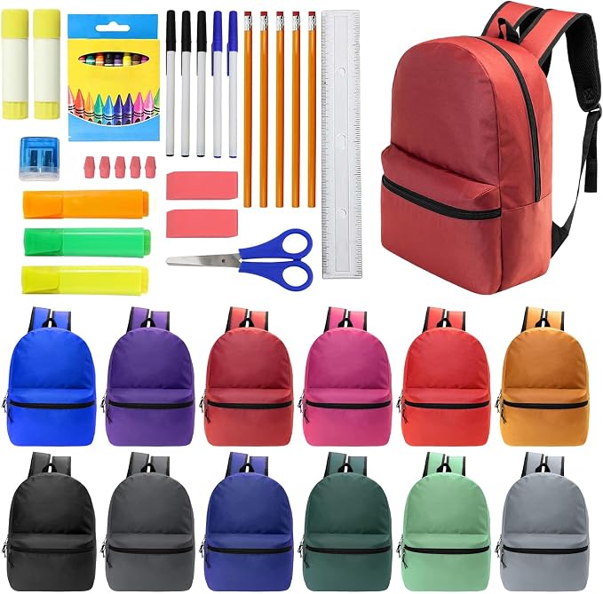 Moda West 17 Inch Bulk Backpacks with 36 Piece School Supplies Kits - Pens, Pencils, Crayons - Case of 12 Wholesale Backpacks in 12 Assorted Colors