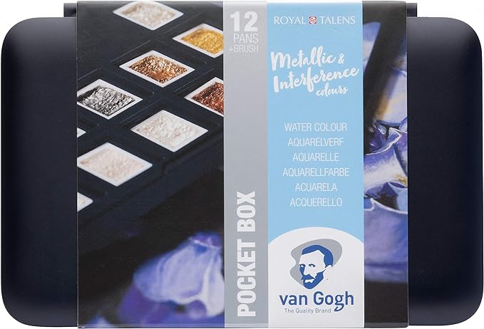 Van Gogh Watercolor Paint Set, Plastic Pocketbox, 12-Half Pan Specialty Metallic & Interference Colors Selection