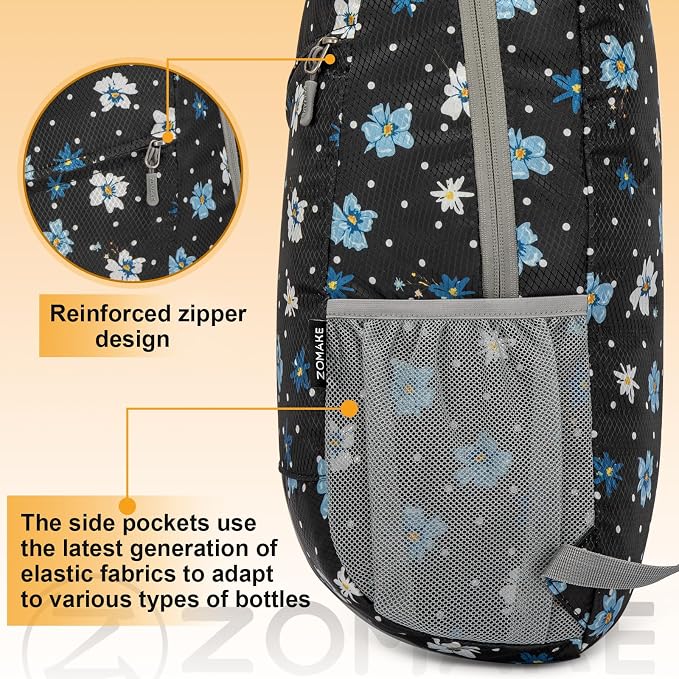 ZOMAKE Lightweight Packable Backpack 20L, Foldable Small Daypack for Hiking | Water Resistant Backpacks Day Bag for Travel Outdoor Camping Sport, Everyday Carry(Black, White Polka Dot Floral)