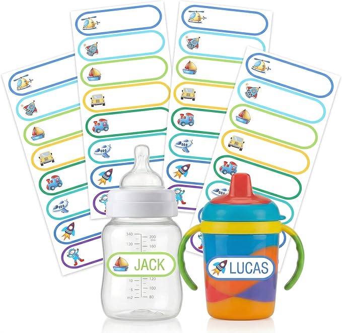 Waterproof Name Labels for Kids School Supplies - Daycare Name Stickers for Baby Bottle Water Bottles,136 PCS Self Adhesive Name Tag Stickers for Boys Personalized,Dishwasher Safe.
