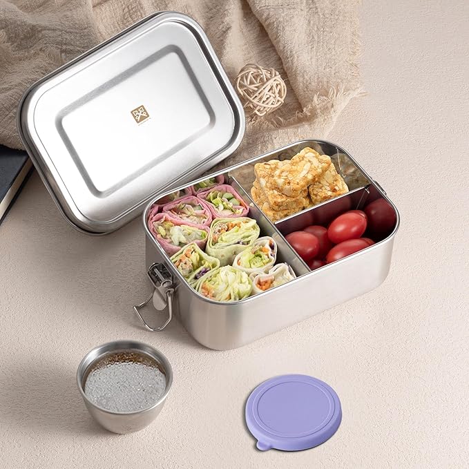 GOLDEN KEY 27oz Stainless Steel Bento Box for Kids with Leak-Proof Condiment Container and 3 Compartments, Lunch Box for Carrying Meals, Snacks, and Fruits, Freezable and Dishwasher Safe (Purple)