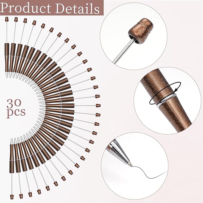jiebor 30Pcs Beadable Pens Plastic Bead Ballpoint DIY Cute Cool Pens Black Ink for Women Men Bridal Graduation Gift Office Supplies Champagne Gold