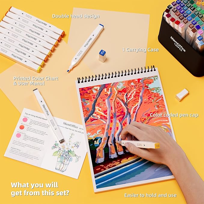 MemOffice 100 Colors Dual Tip Artist Alcohol Markers Set with Carrying Case - Perfect for Coloring, Drawing, Sketching, Card Making and Illustration - Perfect for Adults