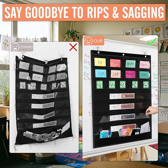 Standard Pocket Chart for Classroom - 7+1 Black Pocket Chart for Alphabet Learning Word Wall Calendar Daily Schedule Sentence Strips Sticker Display, Teacher Supplies for Preschool Kindergarten & Home