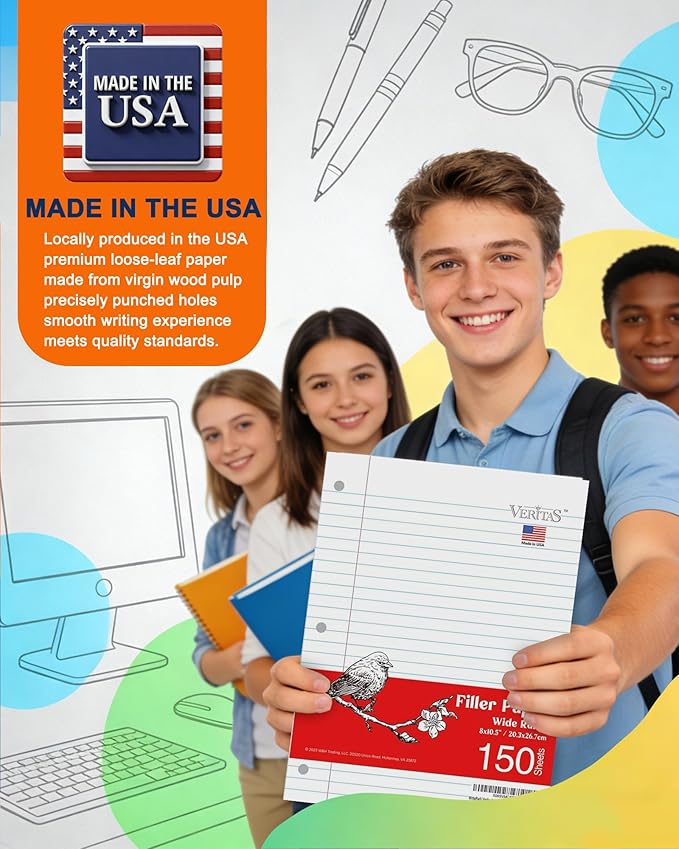 WritePads Wide Ruled Loose Leaf Paper 600 Sheets, 4 Pack Bulk Notebook Paper, 8"x10.5" 3 Hole Punched Binder Fitter Paper, Fits Standard 3-Ring Binders, Ink Bleed Resistant, Made in USA