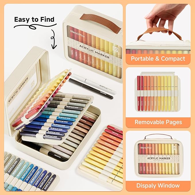 MemOffice Direct Liquid Acrylic Paint Markers, 60 Colors Brush Tip Pens with Carrying Case, No Bleed, Waterproof, for Rock, Wood, Canvas, Glass, Fabric, DIY Crafts for Adults