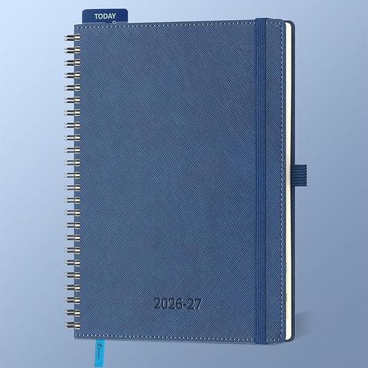 Planner 2026-2027 Daily Weekly and Monthly,8.5"x6.5",18 Months Spiral Bound Calendar Agenda with Self-adhesive Pen Holder,2026 Academic Plan with Vegan Leather Soft Cover,Blue