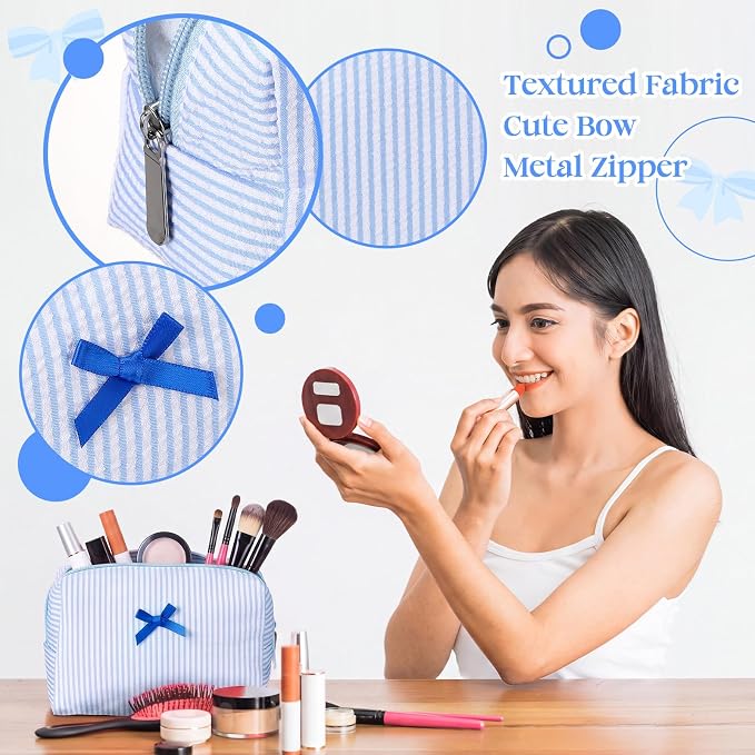 Huhumy 2 Pcs Bow Tie Makeup Bag Set, Stripe Cosmetic Pouch for Women, Seersucker Travel Toiletry Bag, Preppy Makeup Purse Pouch, Aesthetic Skincare Brushes Storage Organizer for Women Gifts(Blue)
