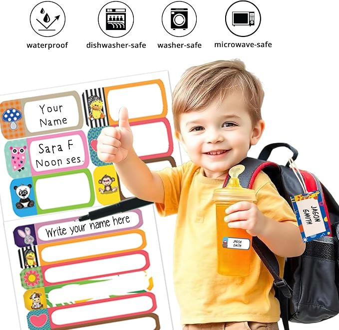 All-in-one Daycare Labels Essentials Pack - 168 Waterproof Name Labels for Kids Stuff Daycare, Clothing Name Stickers for Kids, Baby Bottle, Name Tags for Clothing, Gift Label Sticker & Bag Tags