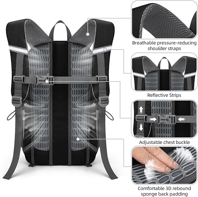 RealCool 20L Lightweight Hiking Backpack, Waterproof Daypack for Camping | 210D tear-resistant nylon, breathable shoulder and back panel, Multi-Compartment,hydration system,reflective strip,bungee net