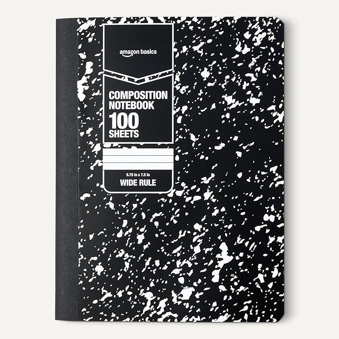 Amazon Basics Composition Notebook, Wide Ruled, 100 Sheets, 9.75" x 7.5", Marble Black, 12-Pack