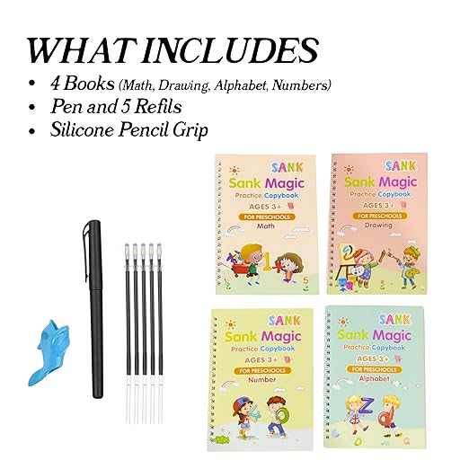 Reusable Magic Practice Copybook for Child Education, Alphabet Number Math Drawing Practice Book (Pack of 4) - Letter Tracing Book for Teaching Handwriting to Kids - with Pens and Handwriting Grip