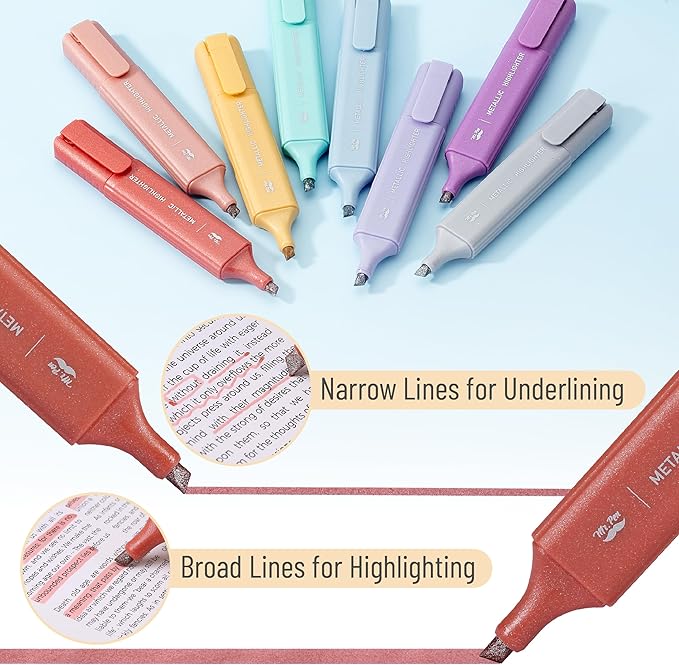 Mr. Pen- Glitter Highlighters, 8 Pack, Metallic Colors, Chisel Tip Highlighter Markers with Shimmer Finish, Smooth Writing Ink for Journaling, Note-Taking, Planning, School, Office & Creative Use
