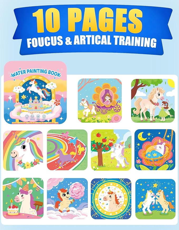 K'ONLE Reusable Water Coloring Books for Toddlers, Clean & Easy Painting & Doodle Book Toys for Kids Ages 1-3, 2-4 | Paint with Water Activity Book, Travel Gift for Boys & Girls-Pony