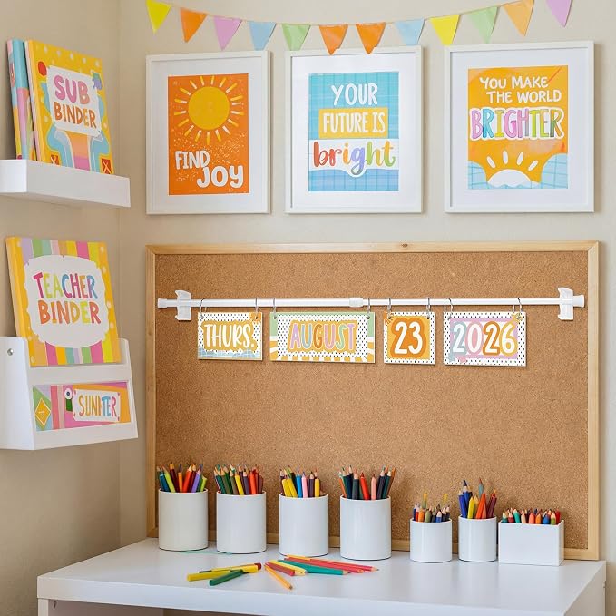 TecUnite Retro Pastel Flip Calendar Bulletin Board Decor Set Sunshine Calendar Holder Includes 54 Cards 2026-2029 Year and Adjustable Rod for Classroom Kindergarten and Elementary Teacher Supplies