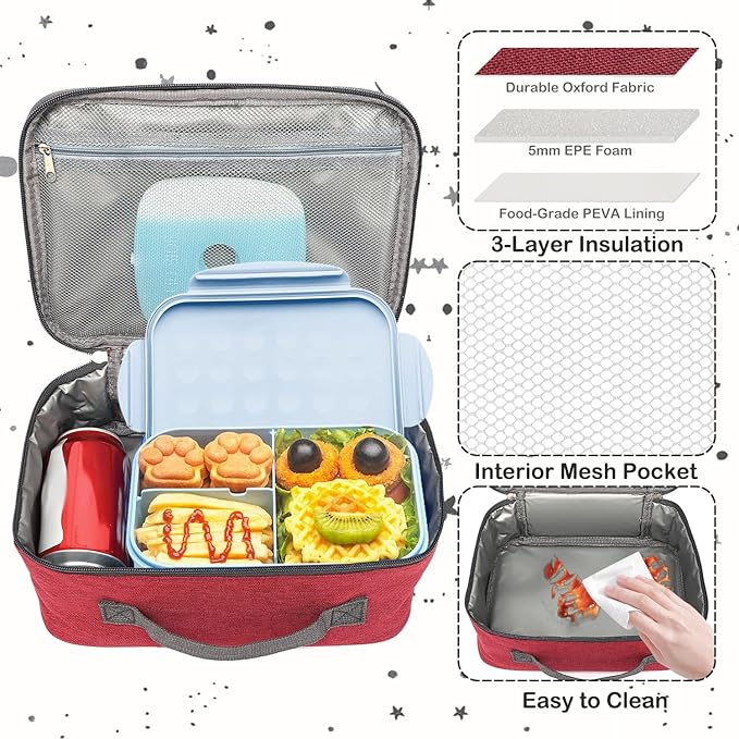 FlowFly Kids Lunch box Insulated Soft Bag Mini Cooler Back to School Thermal Meal Tote Kit for Girls, Boys,Women,Men, Deep Red
