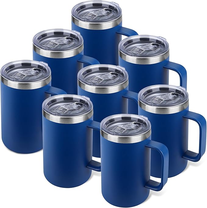 22oz Insulated Coffee Mug with Handle & Leak-Proof Lid - Double Wall Stainless Steel Travel Tumbler Bulk for Commute/Office/Home, Dark Blue, 8 Pack