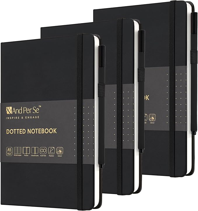 &And Per Se Dotted Notebook 3 Pack, A5 Hardcover with Journal Dotted Pages, Journal Stencils & Pens, 176 Numbered Pages Each for Students Teachers Office (Black)